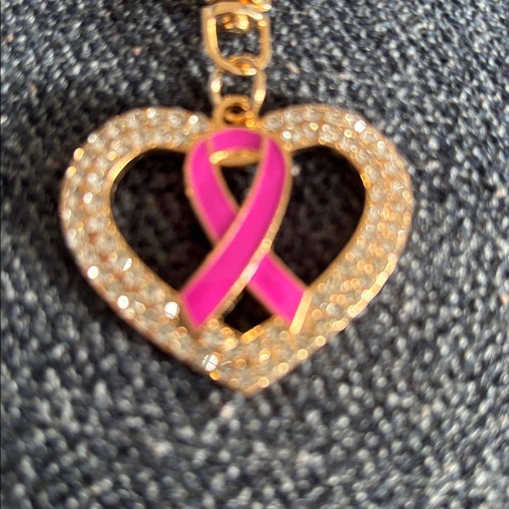 BREAST CANCER AWARENESS Gold and Pink Heart Bag Charm/Keychain with Ribbon - Picture 2 of 6